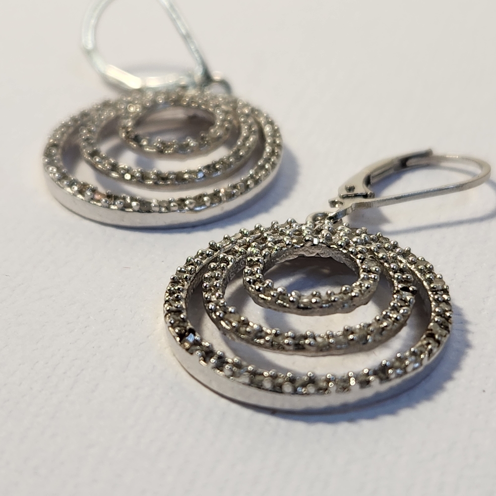 VTG 925 Genuine Diamond Chip Concentric Circle Drop Leverback Earrings